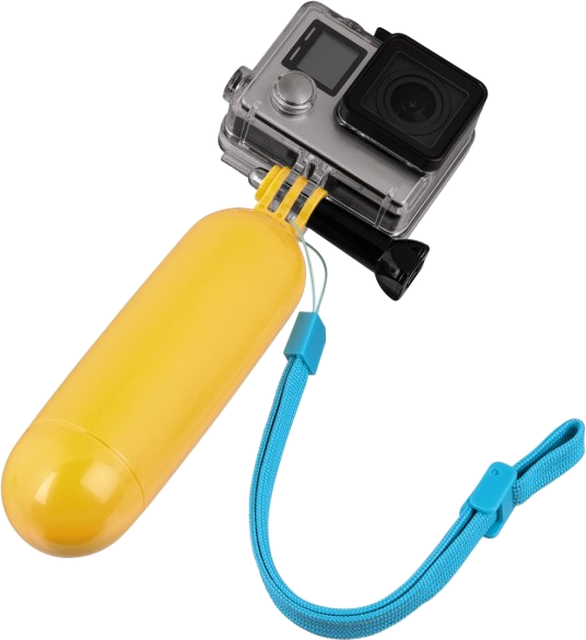 GoPro kamera sárga úszó fogantyúval és kék csuklópánttal, fehér alapon izolálva.