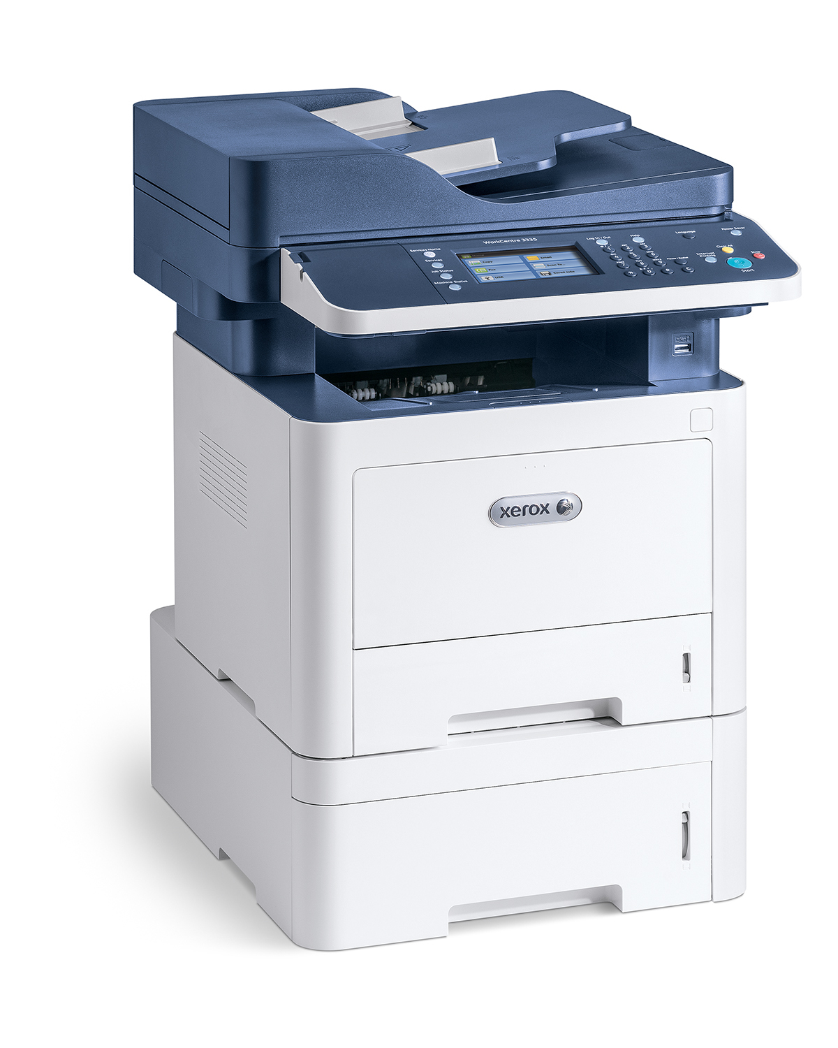 Beyaz ve mavi Xerox yazıcı, bir kağıt tepsisi ve kontrol paneli ile.