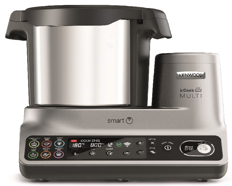 Un electrodoméstico de cocina inteligente Kenwood kCook Multi plateado y negro.