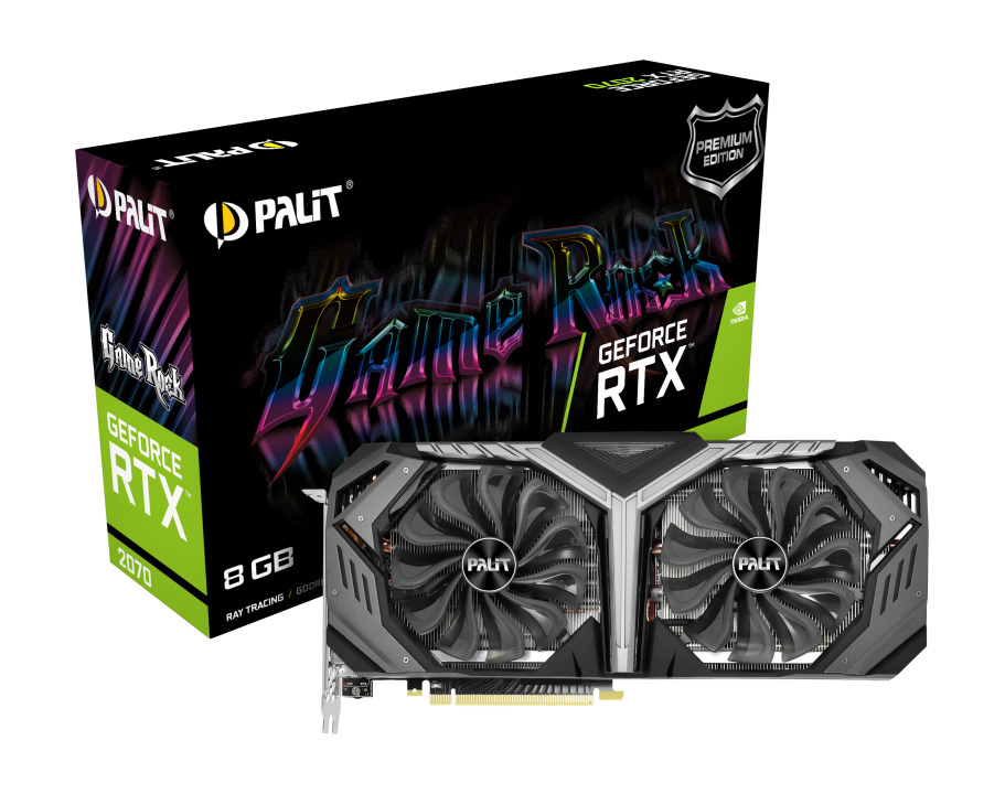 Grafikkarte mit schwarzen Lüftern und einer Box mit der Aufschrift Game Rock GeForce RTX.