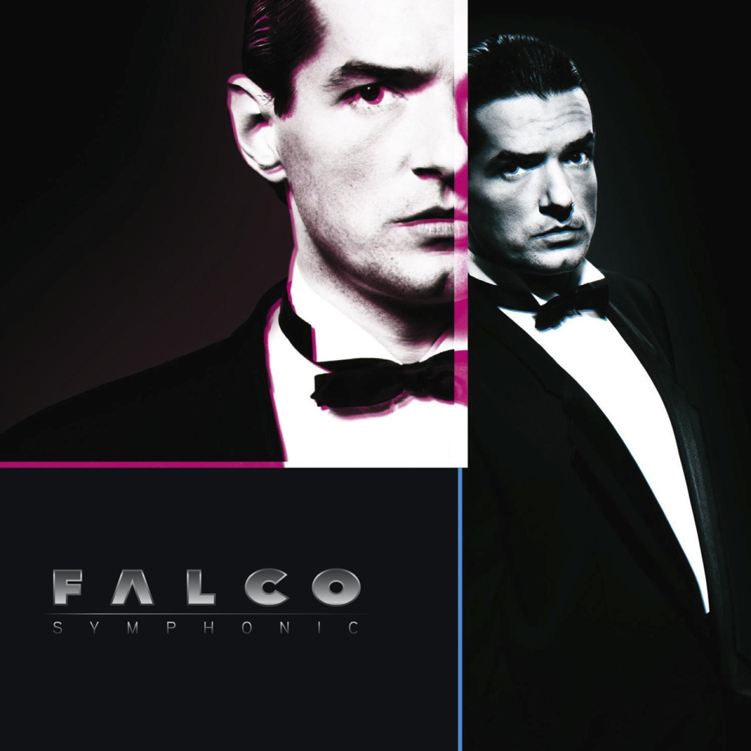 Falco Symphonic Albumcover. Ein Mann im Anzug, geteiltes Bild, Schwarz-Weiß-Foto.