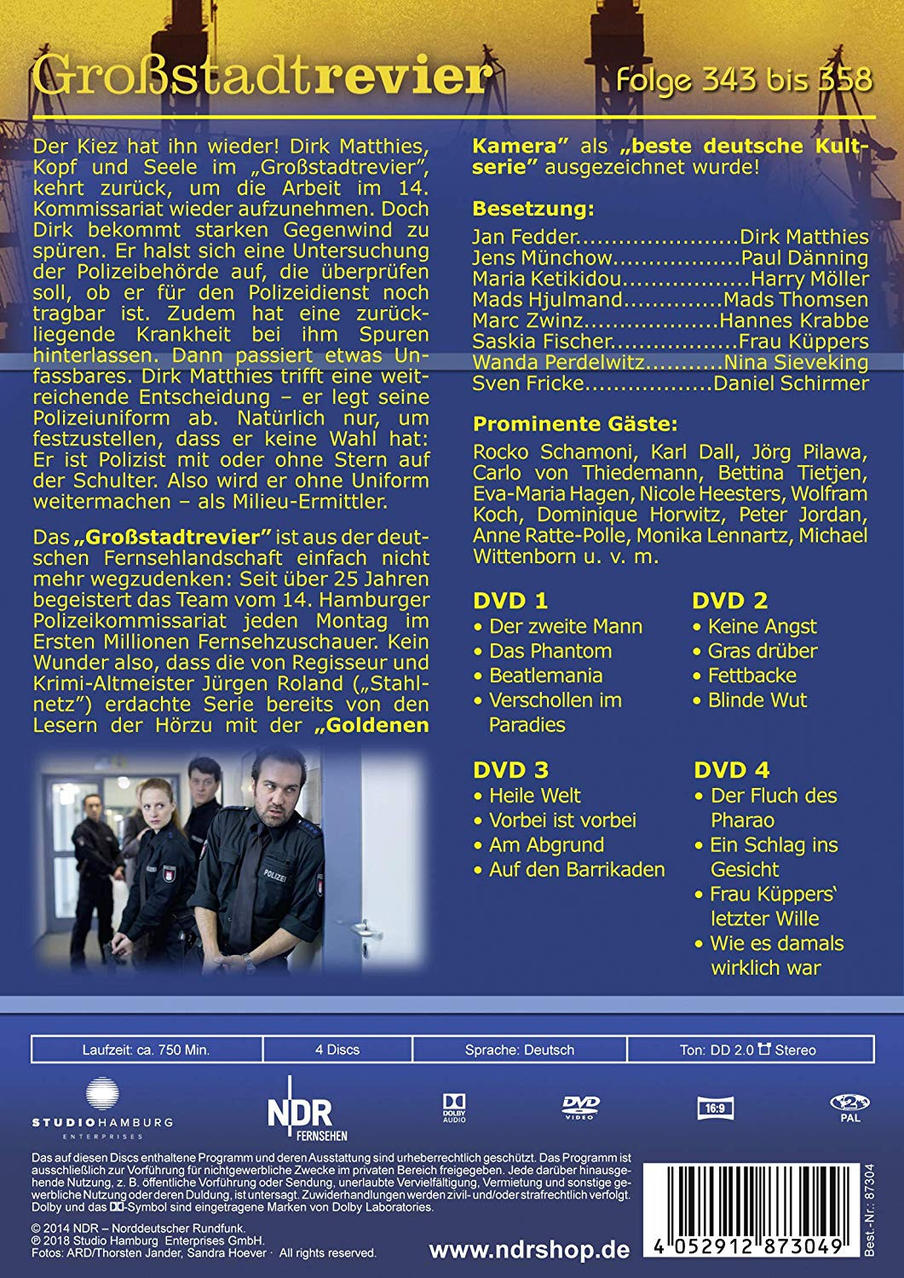 Rückseite einer deutschen DVD-Hülle mit Schauspielern und Episodeninformationen.