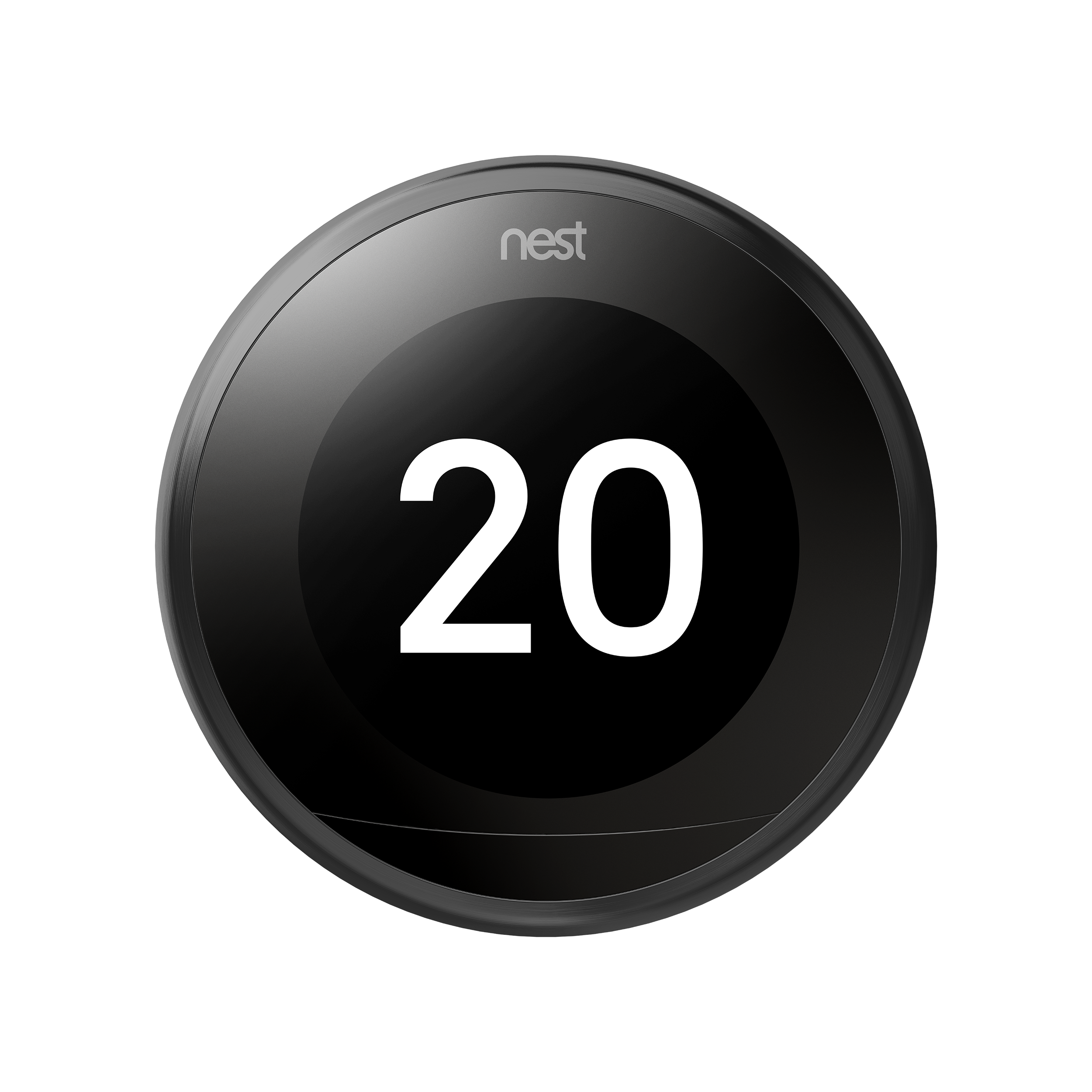 Zwarte Nest-thermostaat toont 20 in wit. Het is een rond apparaat met zwarte achtergrond.