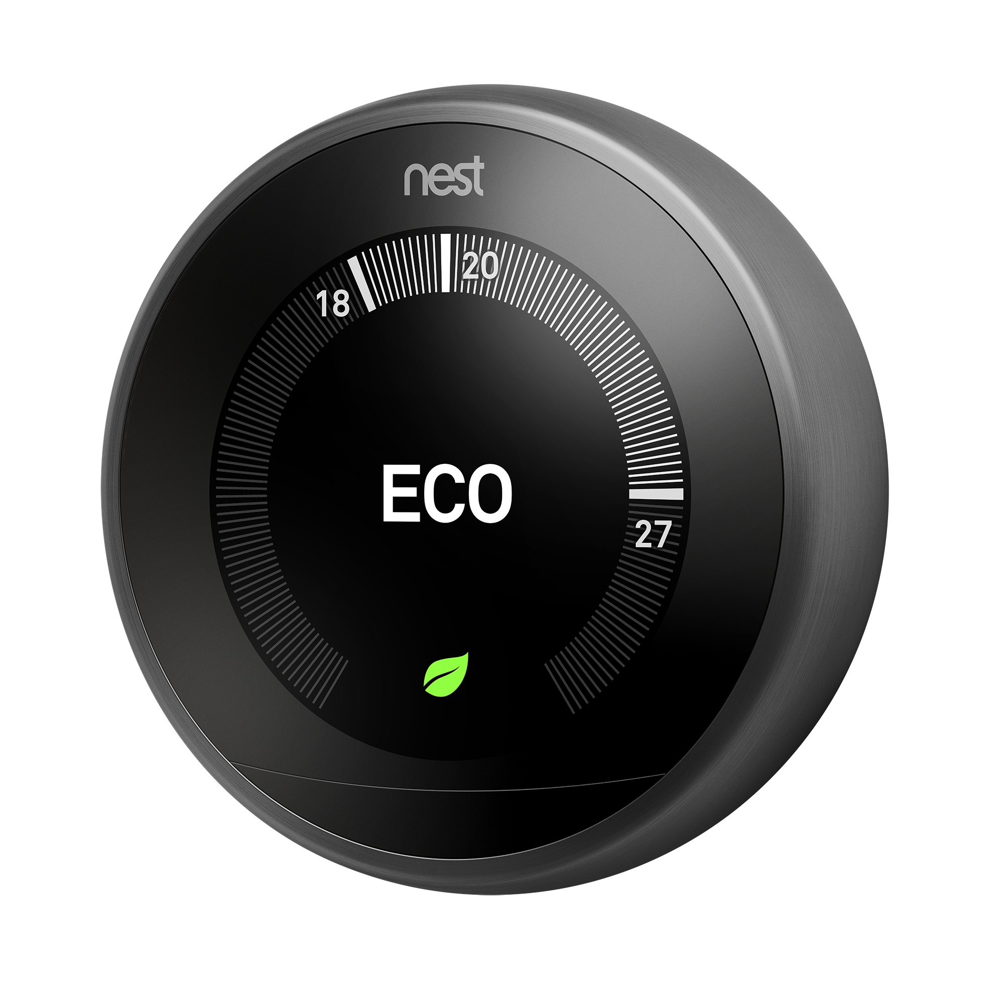 Zwarte Nest thermostaat met een donkere achtergrond, met een cirkelvormig ontwerp en een eco-modus.