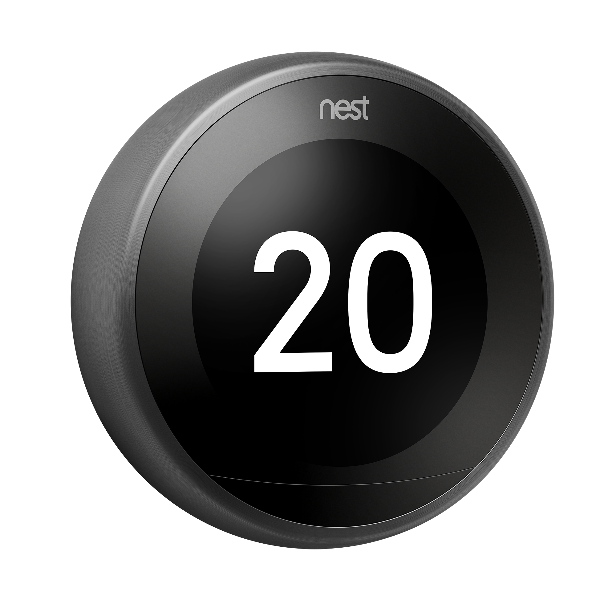 Nest-thermostaat met het nummer 20 op een zwart display. Het is grijs van kleur en rond.