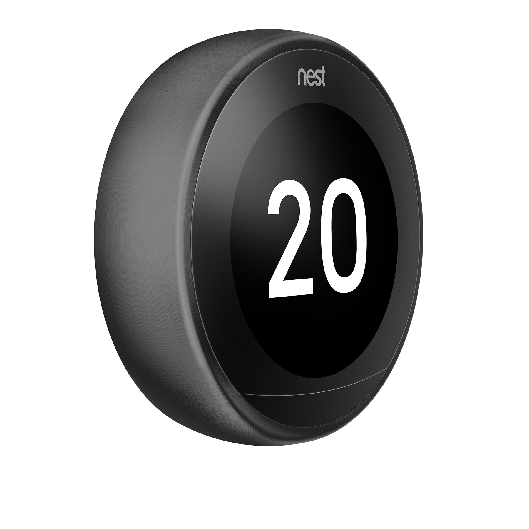 Een zwarte Nest-thermostaat met het nummer 20 weergegeven in wit op een zwarte achtergrond.