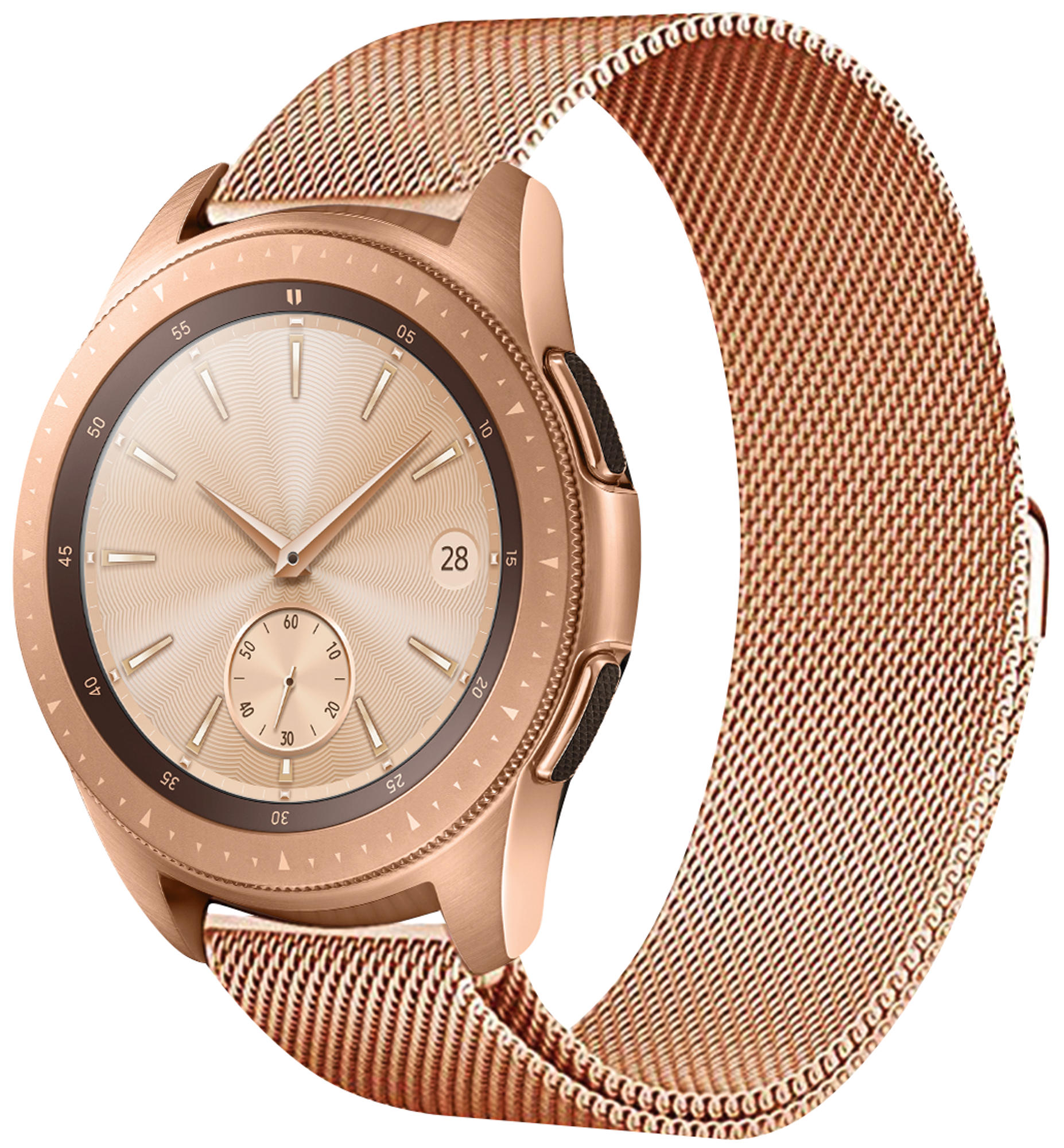 Eine roségoldene Smartwatch mit passendem Mesh-Armband wird vor weißem Hintergrund angezeigt.