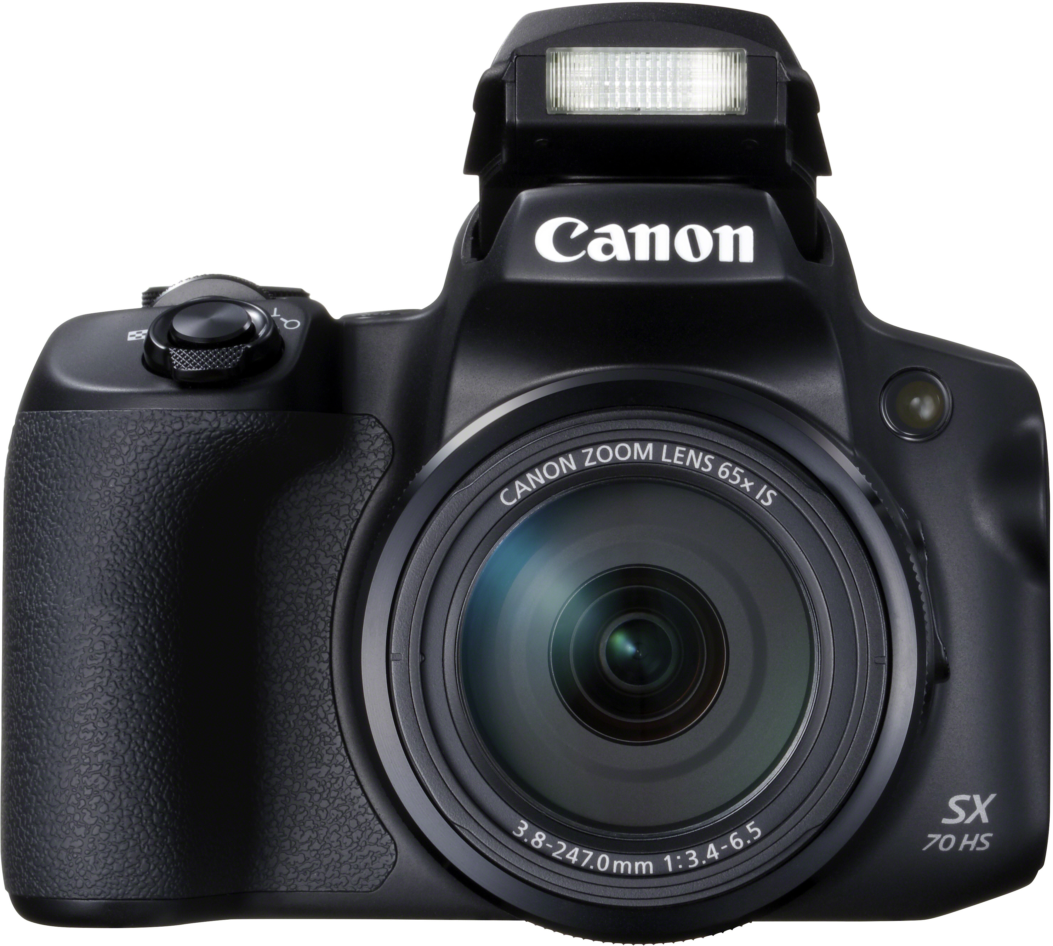 Black Canon camera with a zoom lens and a flash unit on top.