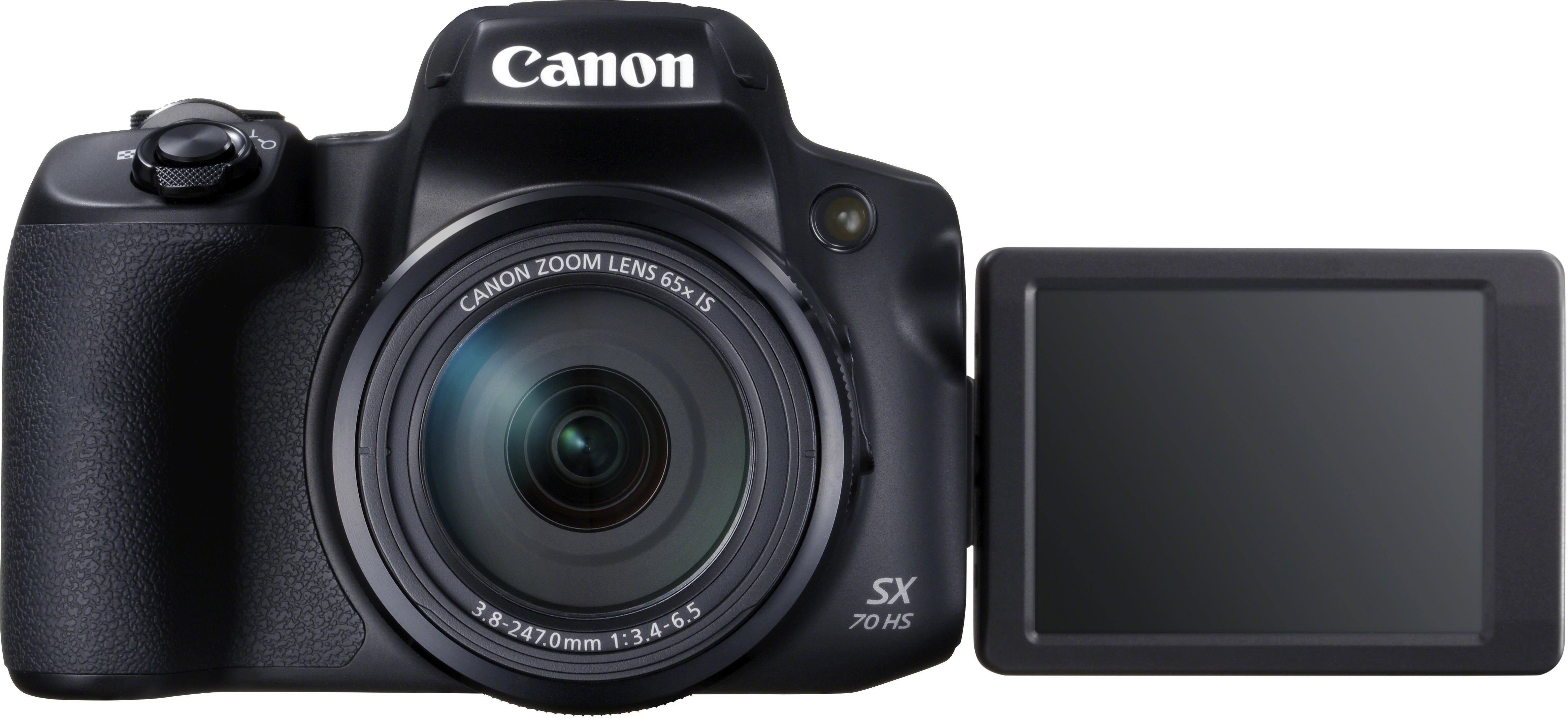 Canon camera, black, with lens and screen open. Displaying the Canon logo and model details.