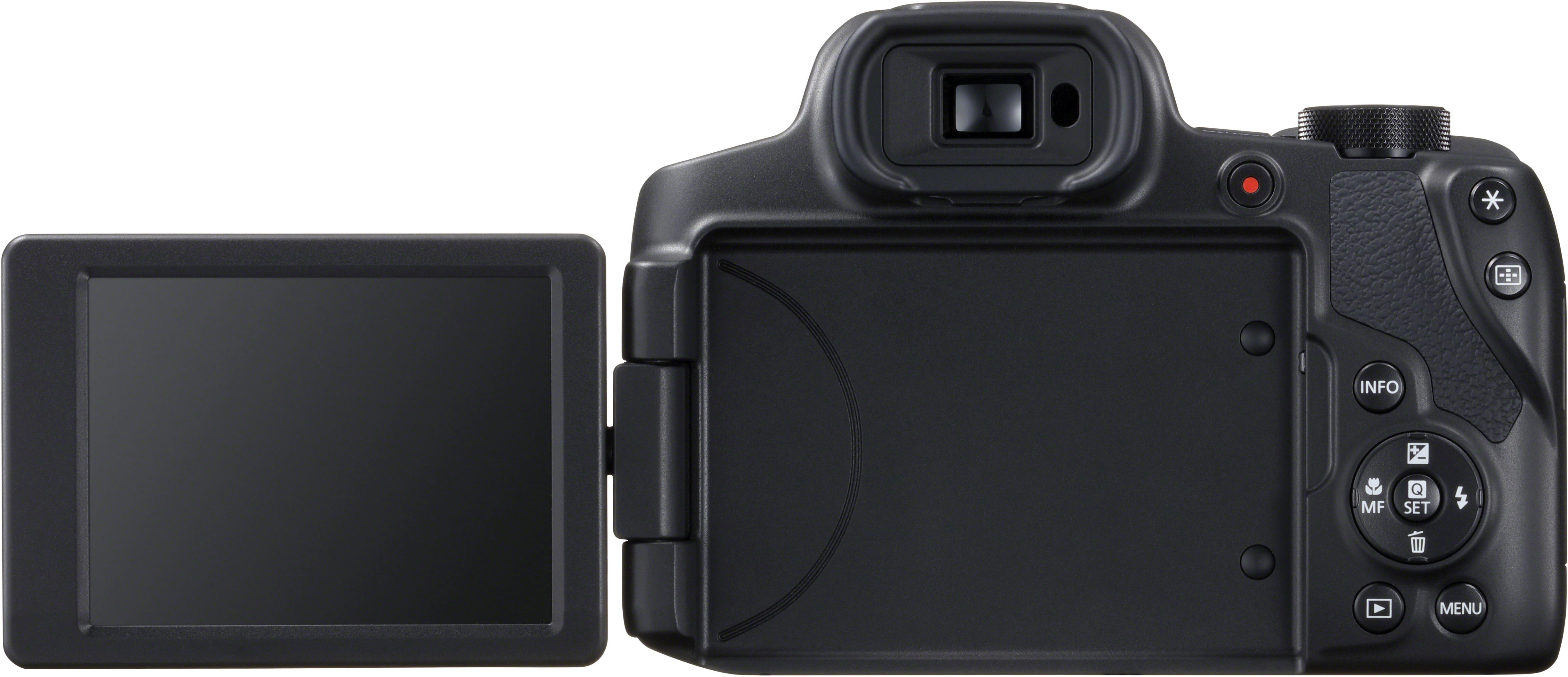 Black camera rear with LCD screen, buttons, and viewfinder. White background.