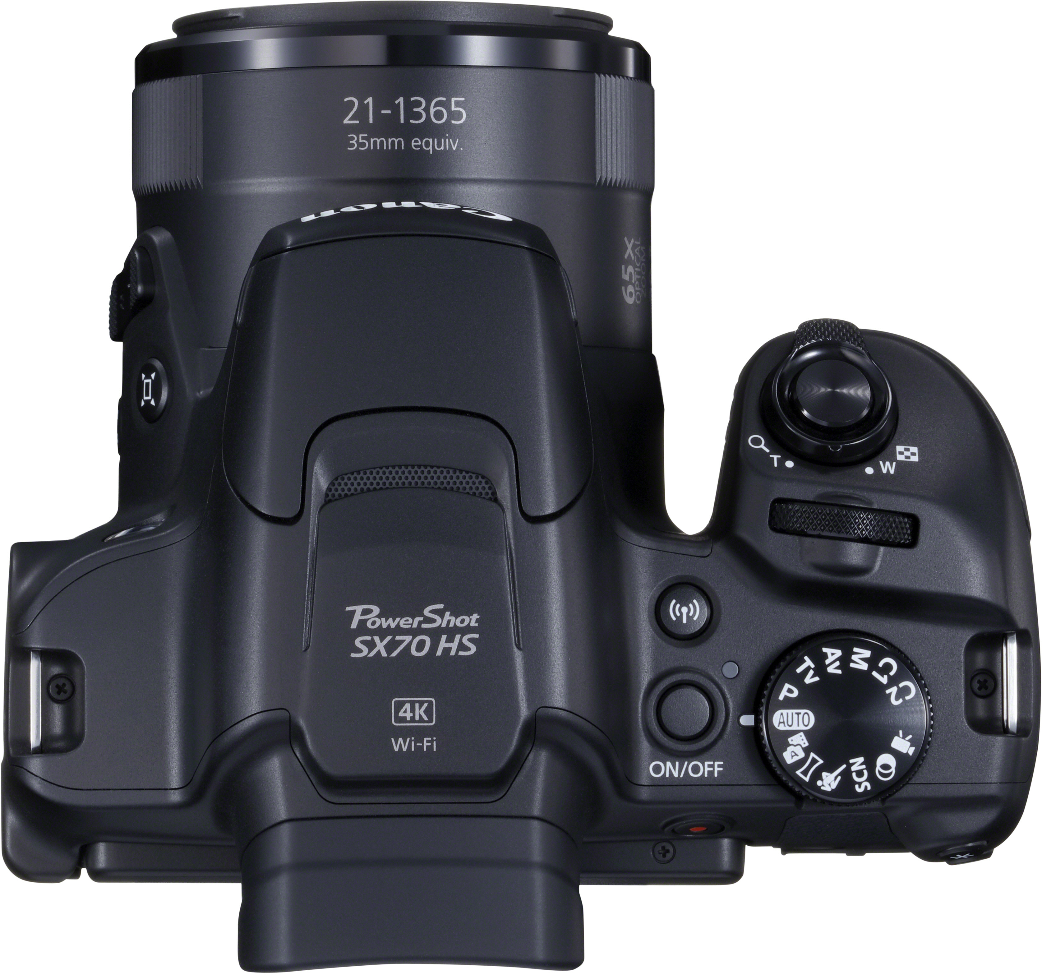 Top view of a black Canon PowerShot camera. Buttons and dials visible.