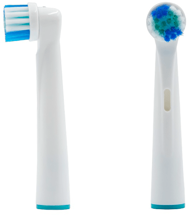 Twee tandenborstelkoppen. Zijkant en einde. Wit plastic, blauwe borstelharen.