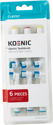 Een verpakking van zes Koenic elektrische tandenborstel opzetborstels, met kleurrijke borstelharen.