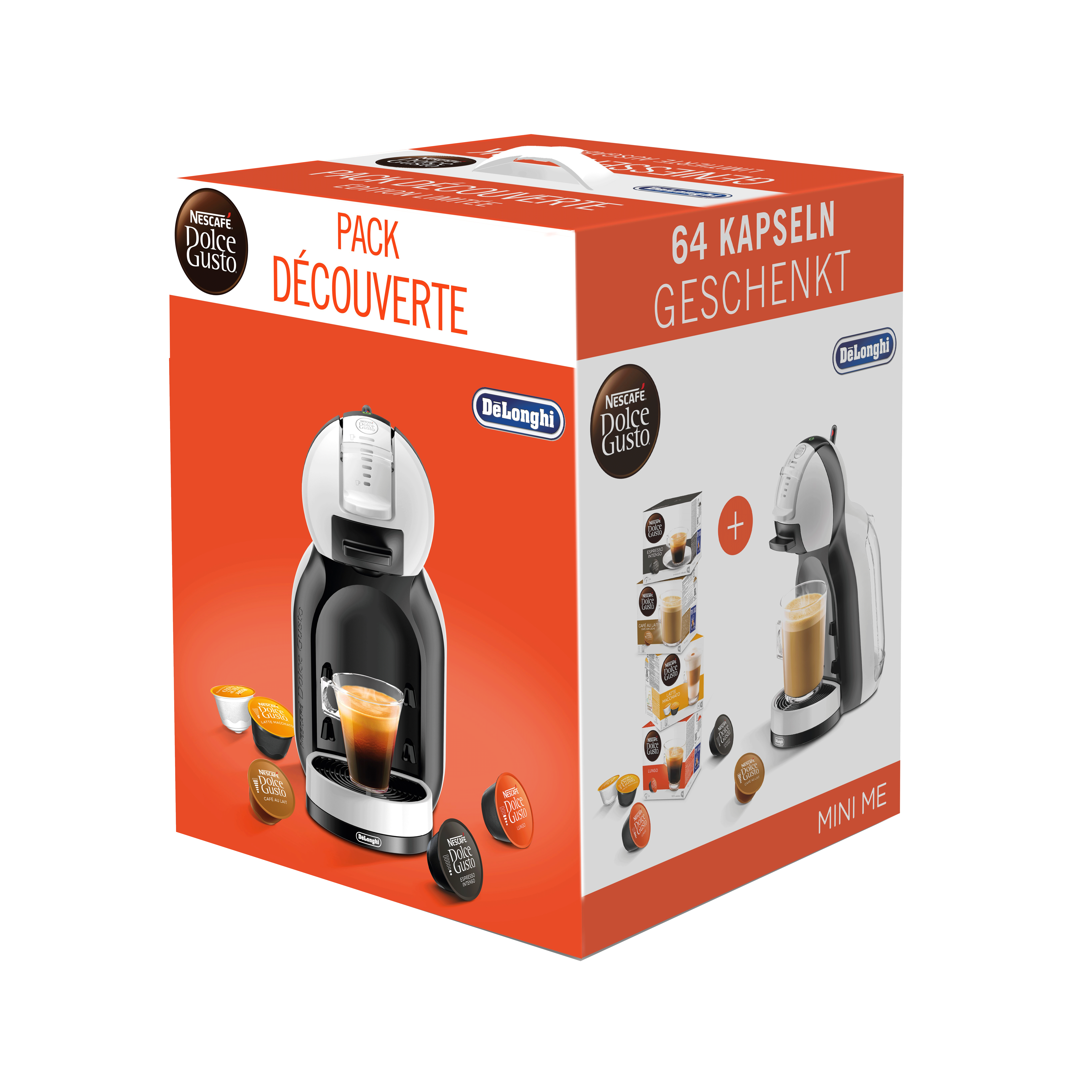Une boîte de machine à café Dolce Gusto Mini Me, montrant la machine et les capsules de café.