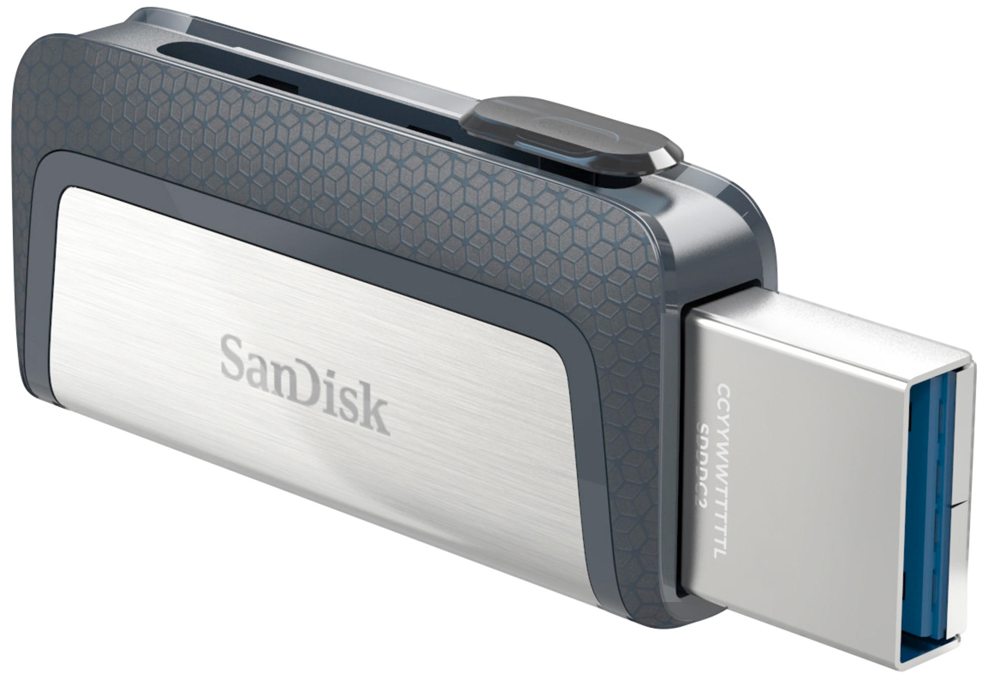 Kayar mekanizmalı gümüş ve gri bir SanDisk USB sürücüsü, beyaz bir arka plana karşı.