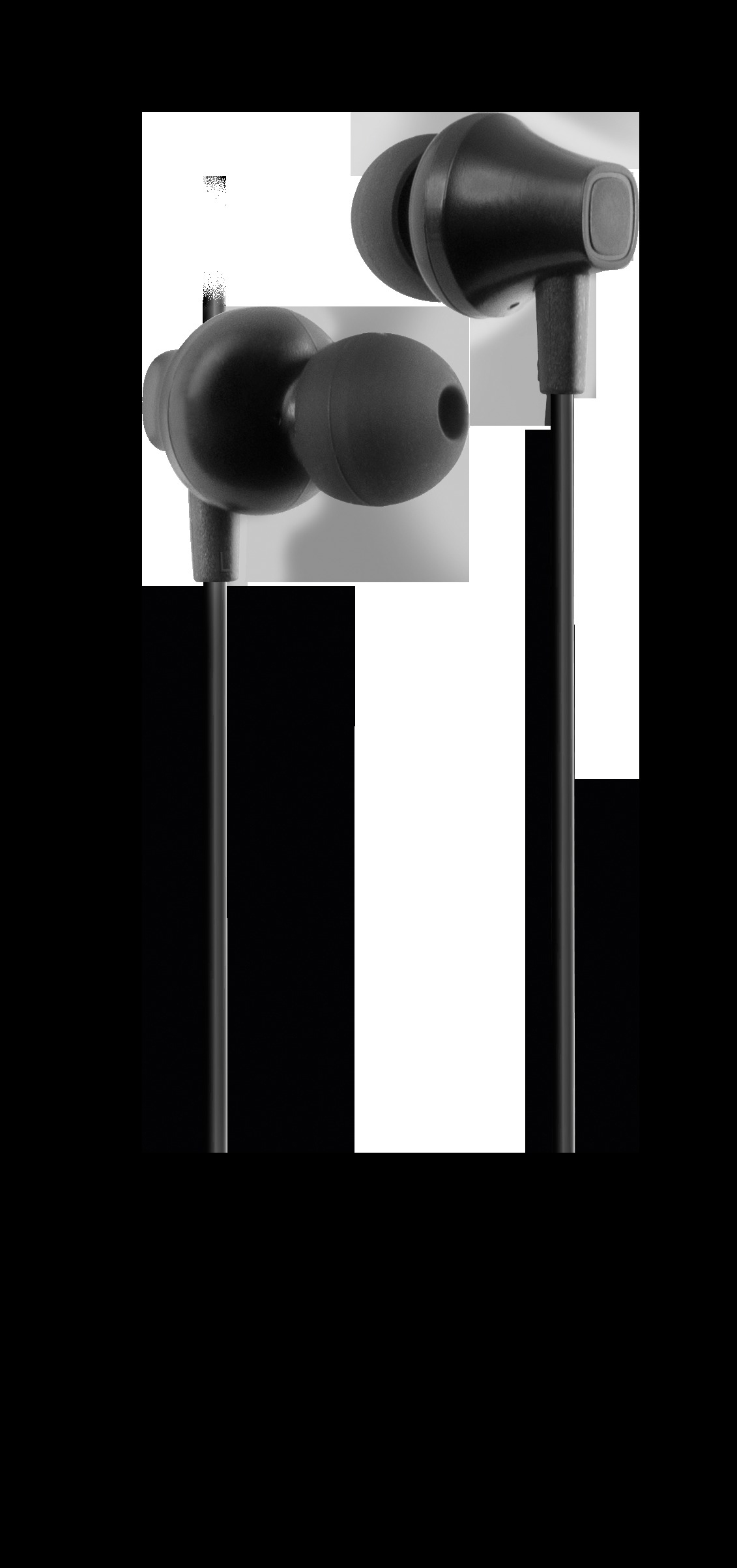 Schwarze Ohrhörer. Die Ohrhörer sind durch ein schwarzes Kabel verbunden.