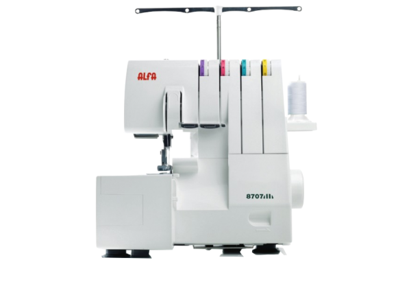 Máquina de coser overlock ALFA blanca con hilos de colores y una bobina de hilo blanco.