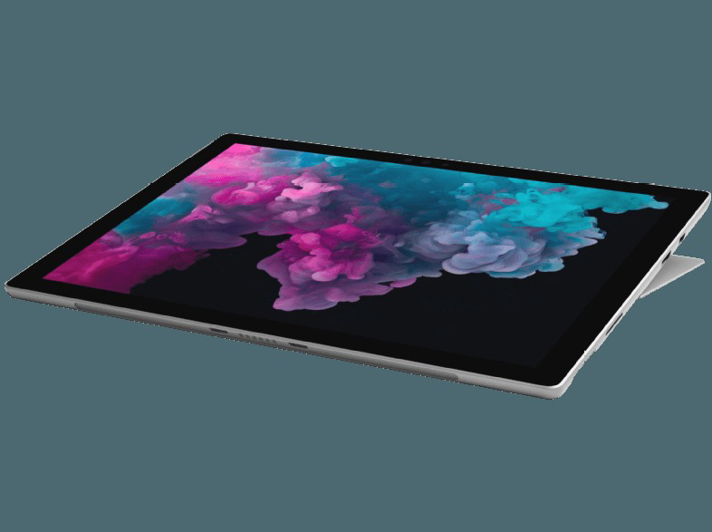 Silbernes Tablet mit farbenfrohem Bildschirm. Es ist leicht angewinkelt und zeigt seine Seite und einen Ständer. Dunkler Hintergrund.