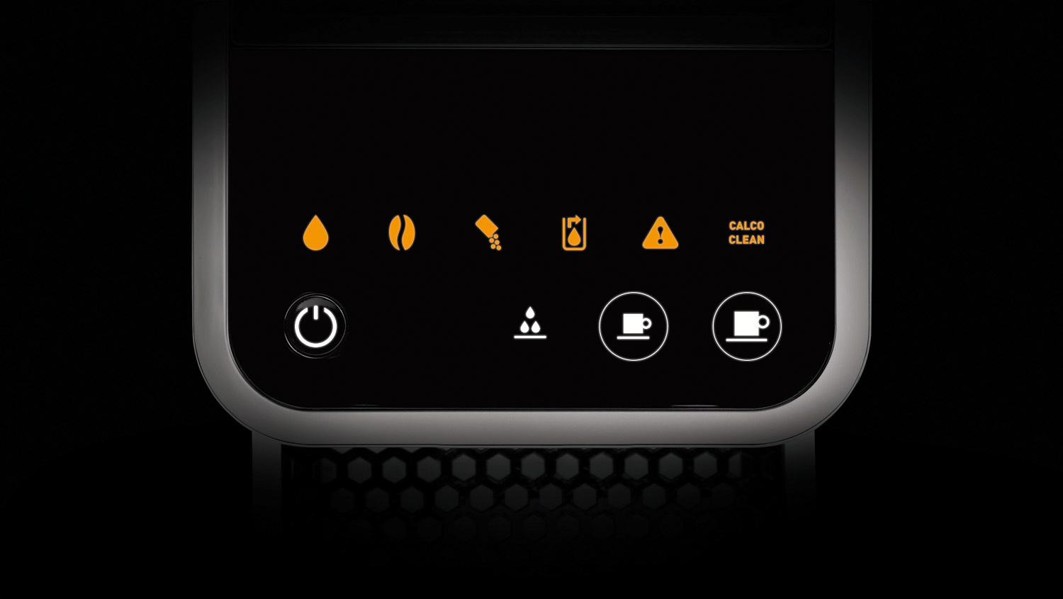 Nahaufnahme einer Kaffeemaschinenschnittstelle mit Symbolen, die verschiedene Funktionen darstellen, auf schwarzem Hintergrund.