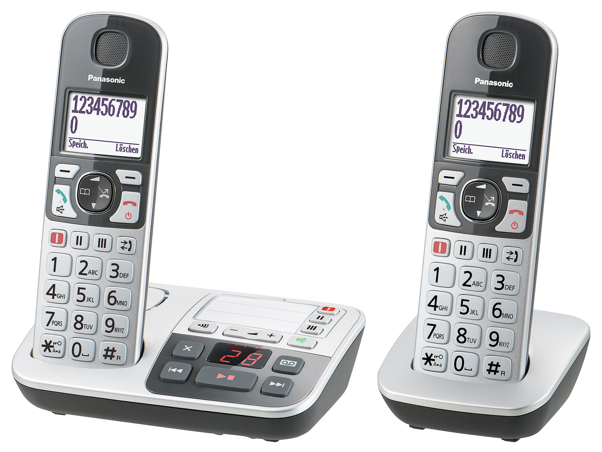 Zwei schnurlose Telefone mit Basisstation. Die Telefone sind schwarz-silber, mit Digitalanzeige.