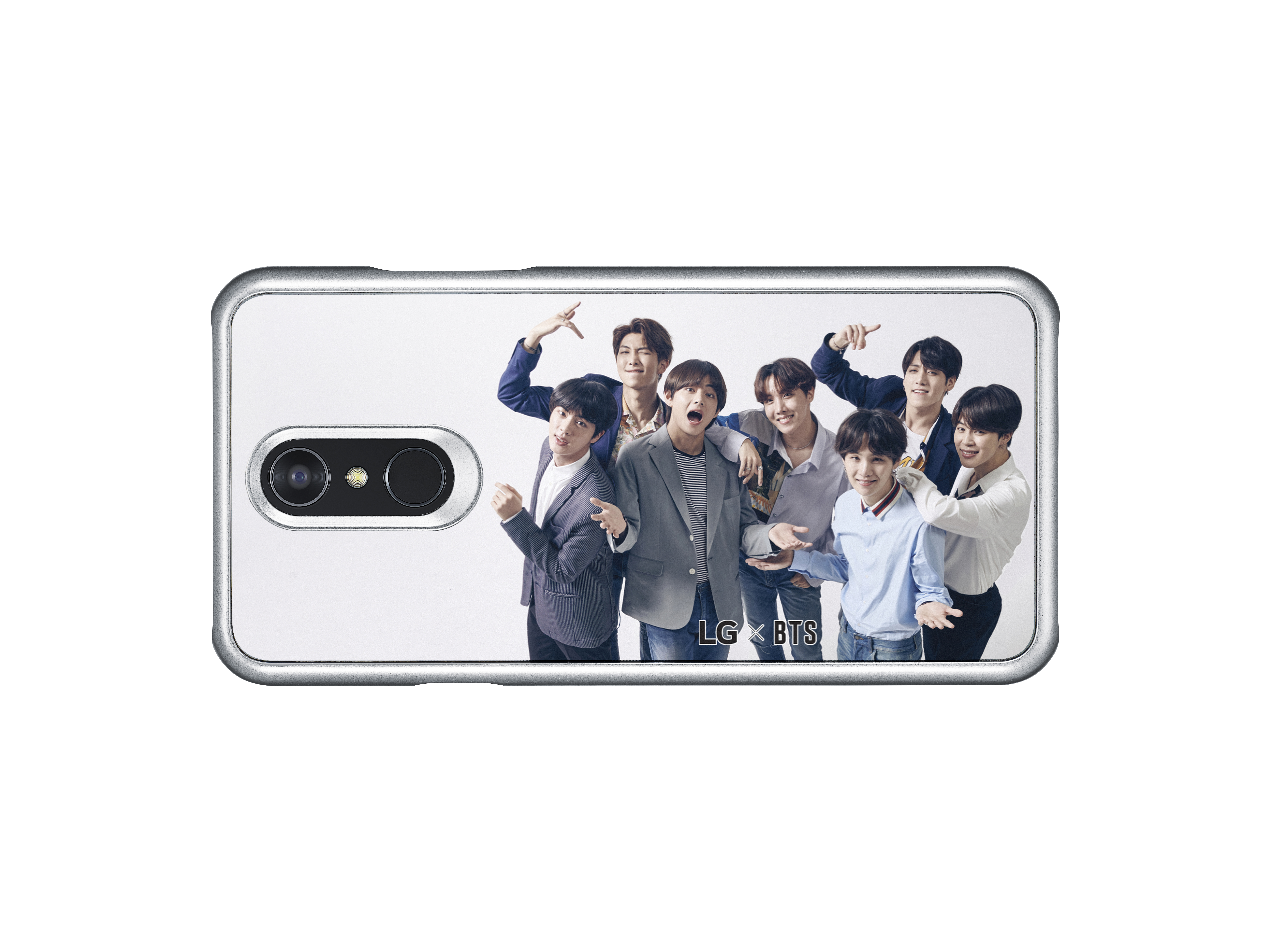 Eine LG-Handyhülle mit einem Foto der Band BTS darauf und einem weißen Hintergrund.