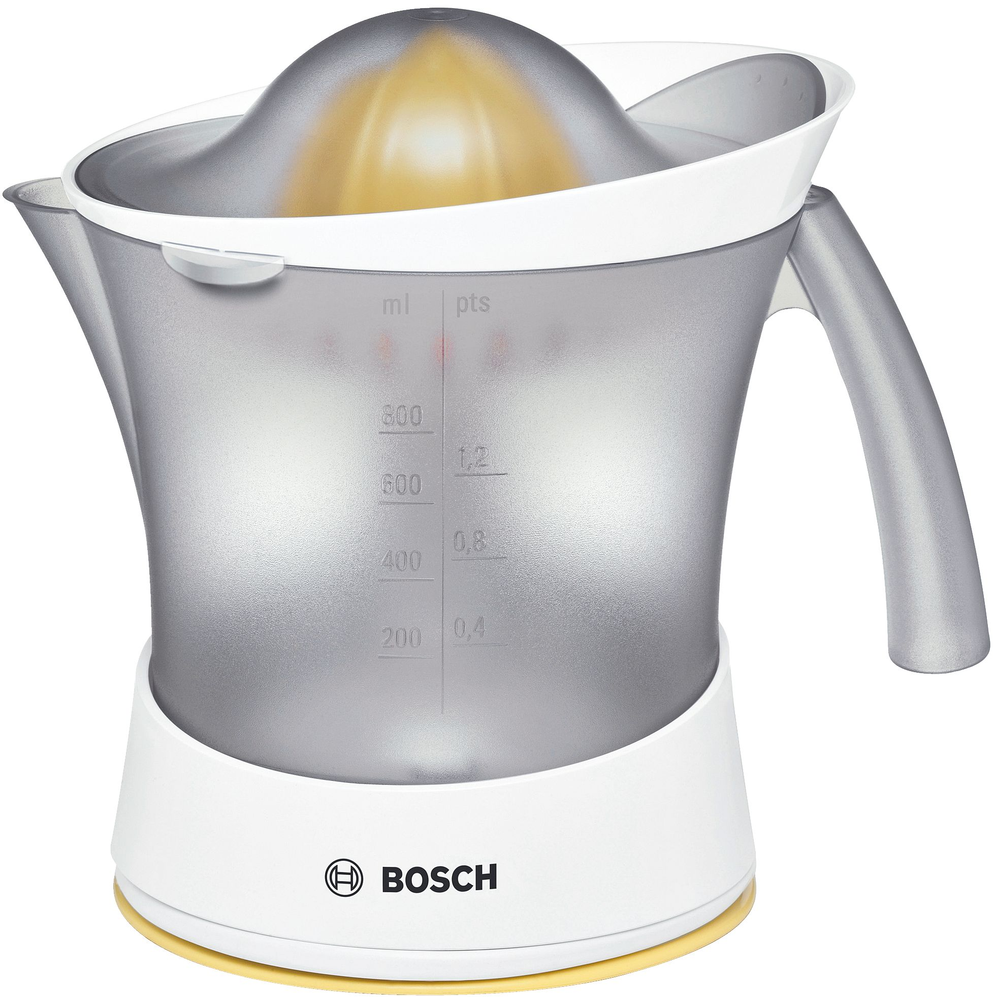 Un presse-agrumes blanc et gris avec des mesures et le logo Bosch.