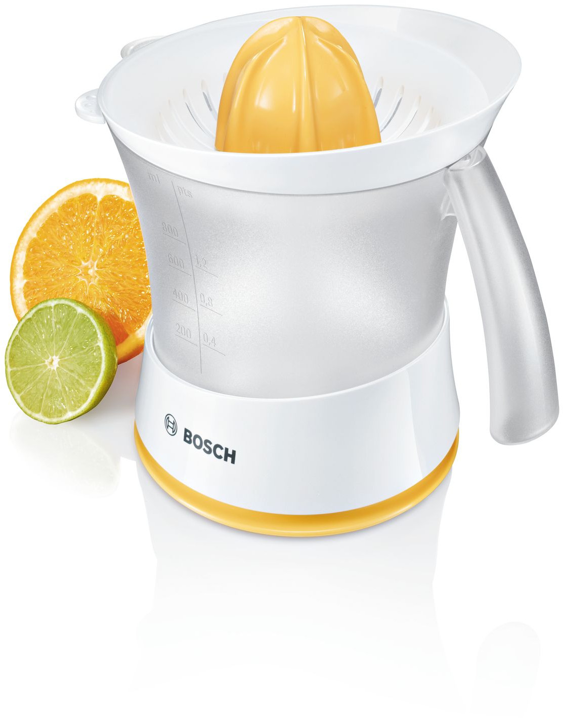 Un presse-agrumes Bosch blanc et jaune avec une orange et un citron vert à côté.