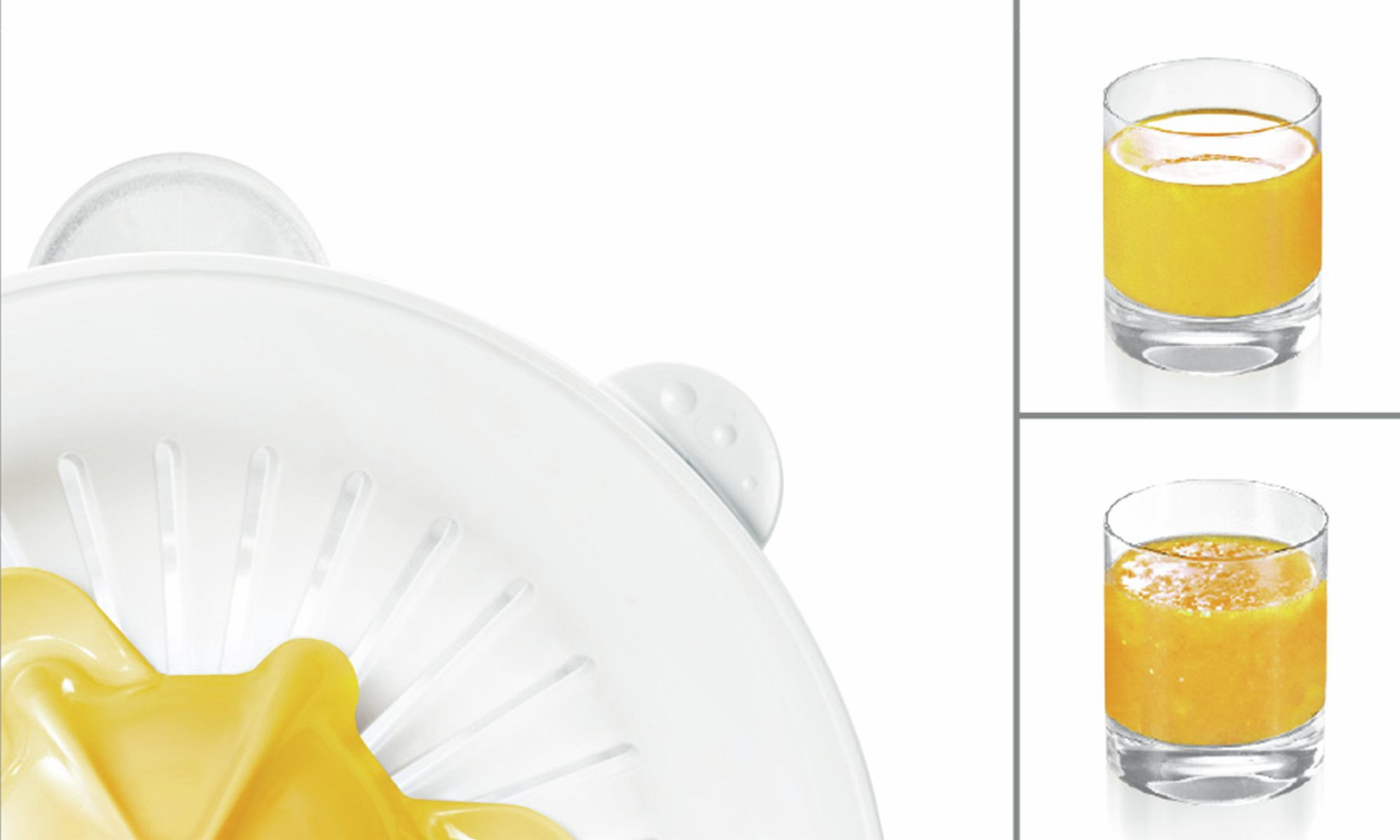 Presse-agrumes blanc avec jus jaune, deux verres de jus d'orange. L'un est lisse, l'autre avec pulpe.