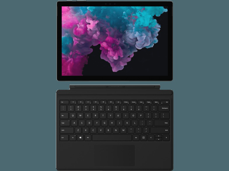Ein schwarzes Tablet mit Tastatur. Der Bildschirm zeigt ein farbenfrohes abstraktes Bild.