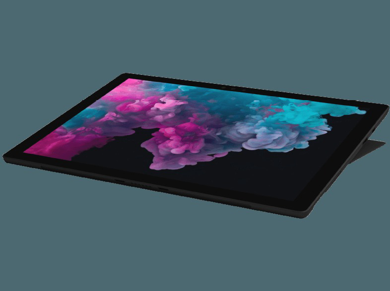 Microsoft Surface Tablet, schwarz, abgewinkelt, auf blauer Oberfläche.