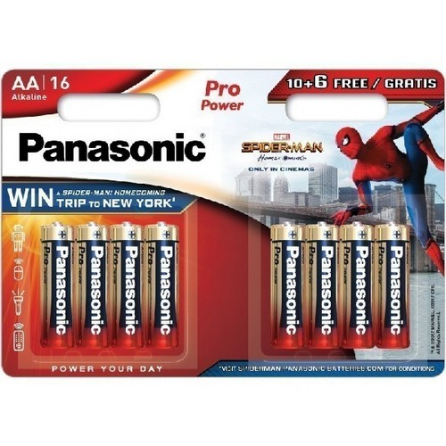 Paquete de pilas AA Panasonic. El paquete es rojo y blanco, con el logotipo de Spider-Man.