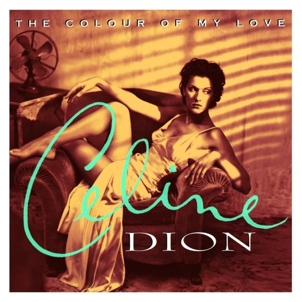 Celine Dion Albumcover. Frau in Satin-Kleid auf Couch, Text: The Colour of My Love.
