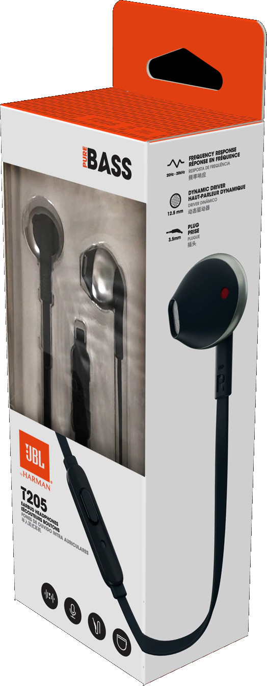 JBL T205CRMINEAR WIRED HDPHS UNIV W/ MIC FLAT CBL In-ear Oortjes Zwart