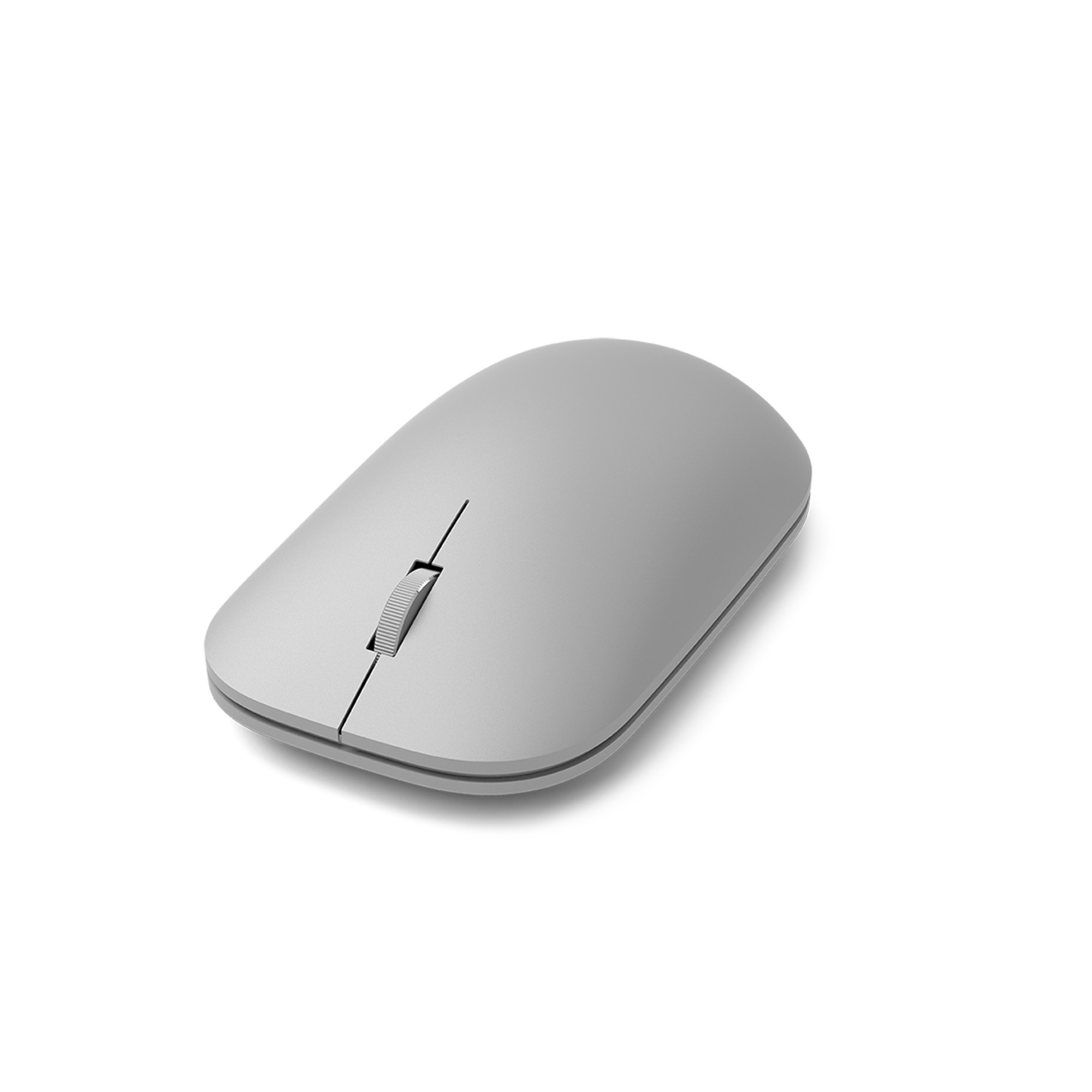 Eine graue Computermaus mit einem Scrollrad liegt auf weißem Grund.