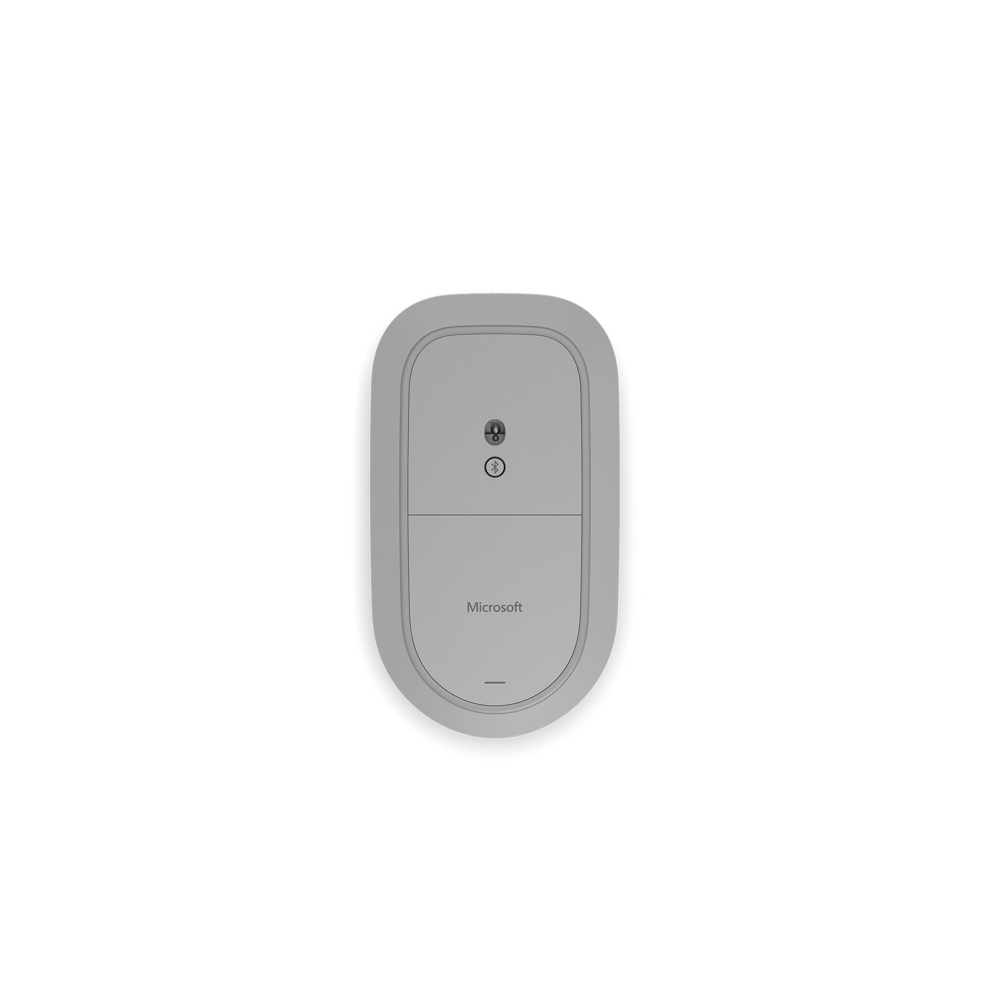 Graue Microsoft-Maus mit zwei Tasten und Bluetooth-Symbol.