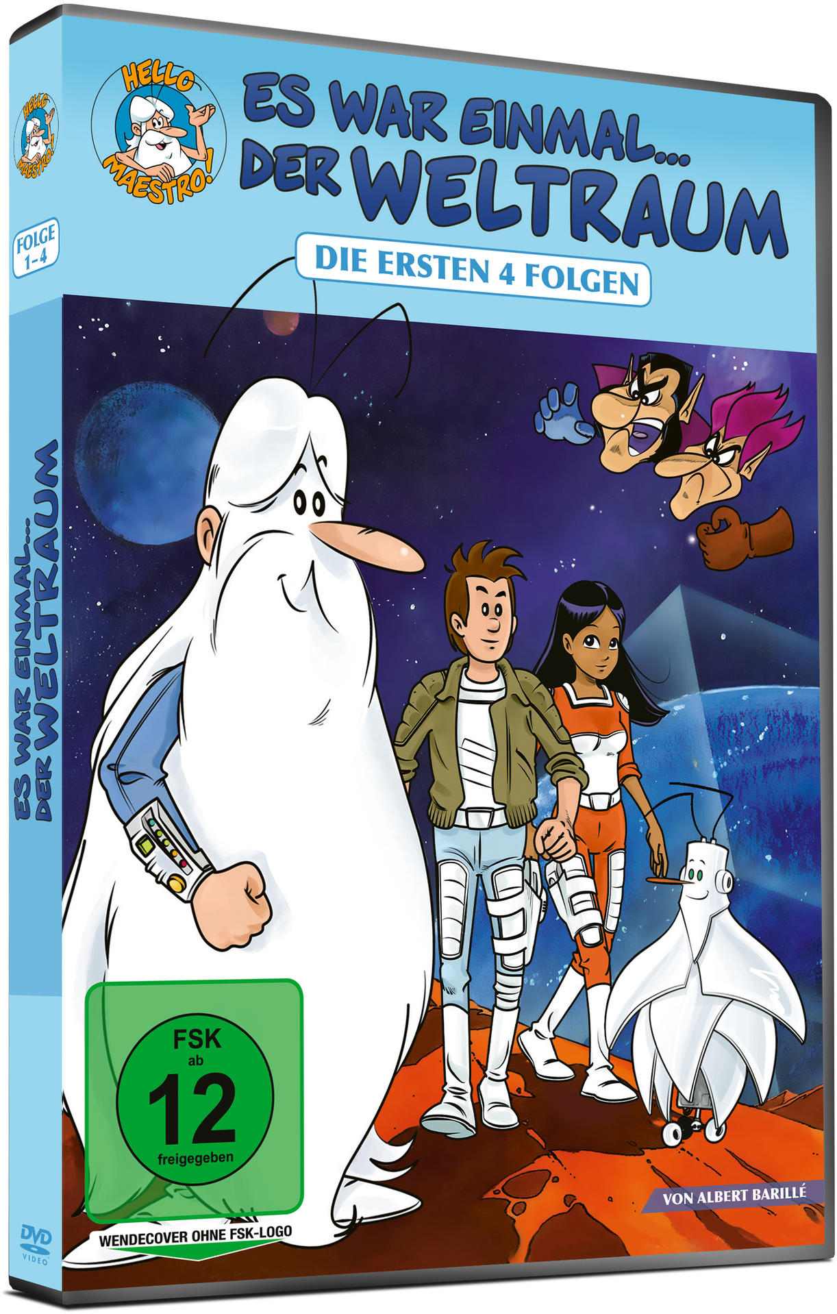 DVD-Box-Art für 'Es war einmal... der Weltraum'. Mit Zeichentrickfiguren.