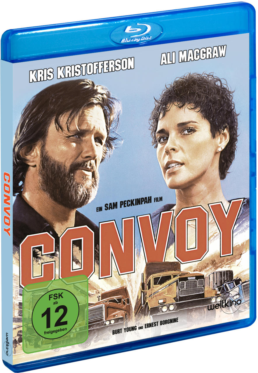 Ein Blu-ray-Filmcover mit Kris Kristofferson und Ali MacGraw. Der Titel lautet „Convoy“.
