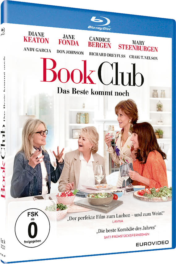 DVD-Hülle für 'Book Club', mit Schauspielerinnen und einer Tischdekoration.