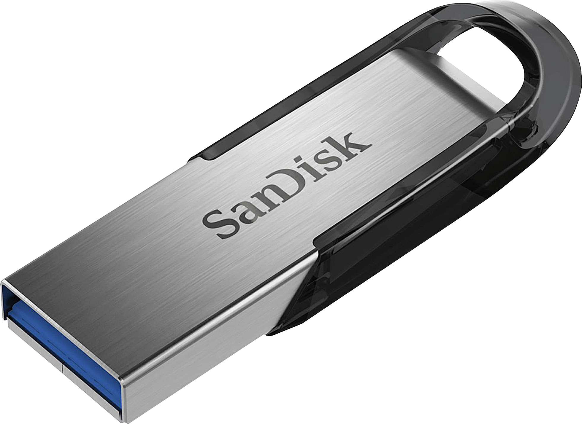Chiavetta USB SanDisk argento e nera con un design arrotondato, con il nome del marchio e un connettore USB blu.