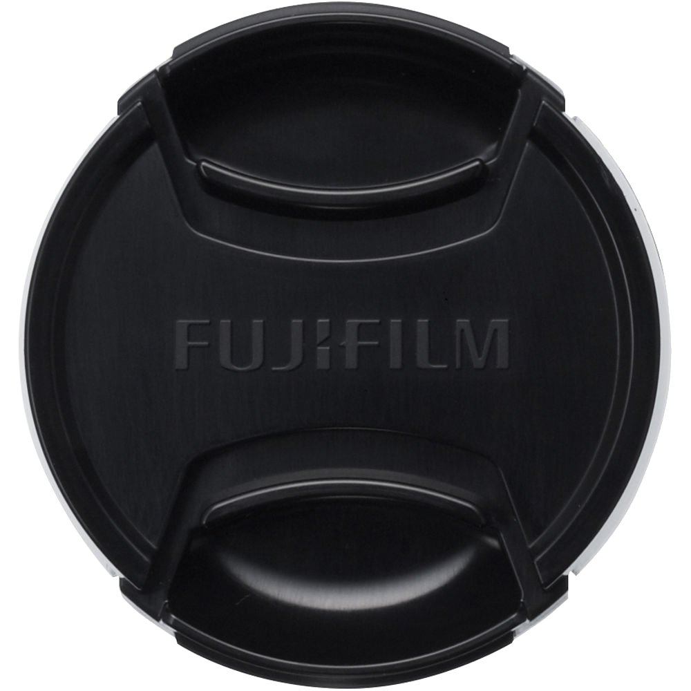 Fekete objektívsapka FUJIFILM felirattal fekete háttéren.