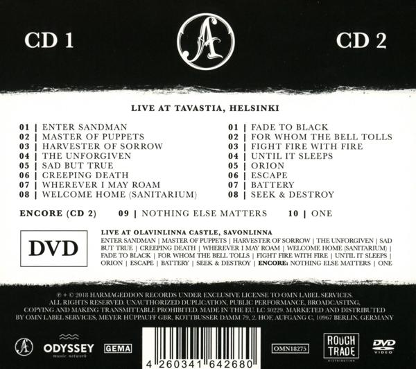 Pochette de CD avec listes de titres, logo du groupe et texte 'Live at Tavastia'.