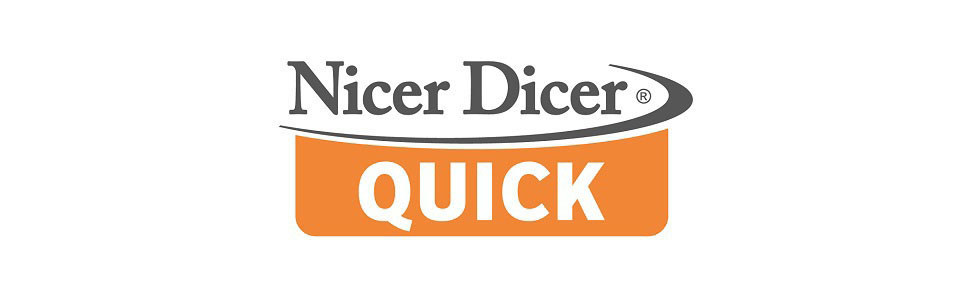 Das Nicer Dicer Quick Logo. Ein oranges Rechteck mit dem Wort QUICK und einer gebogenen grauen Linie.