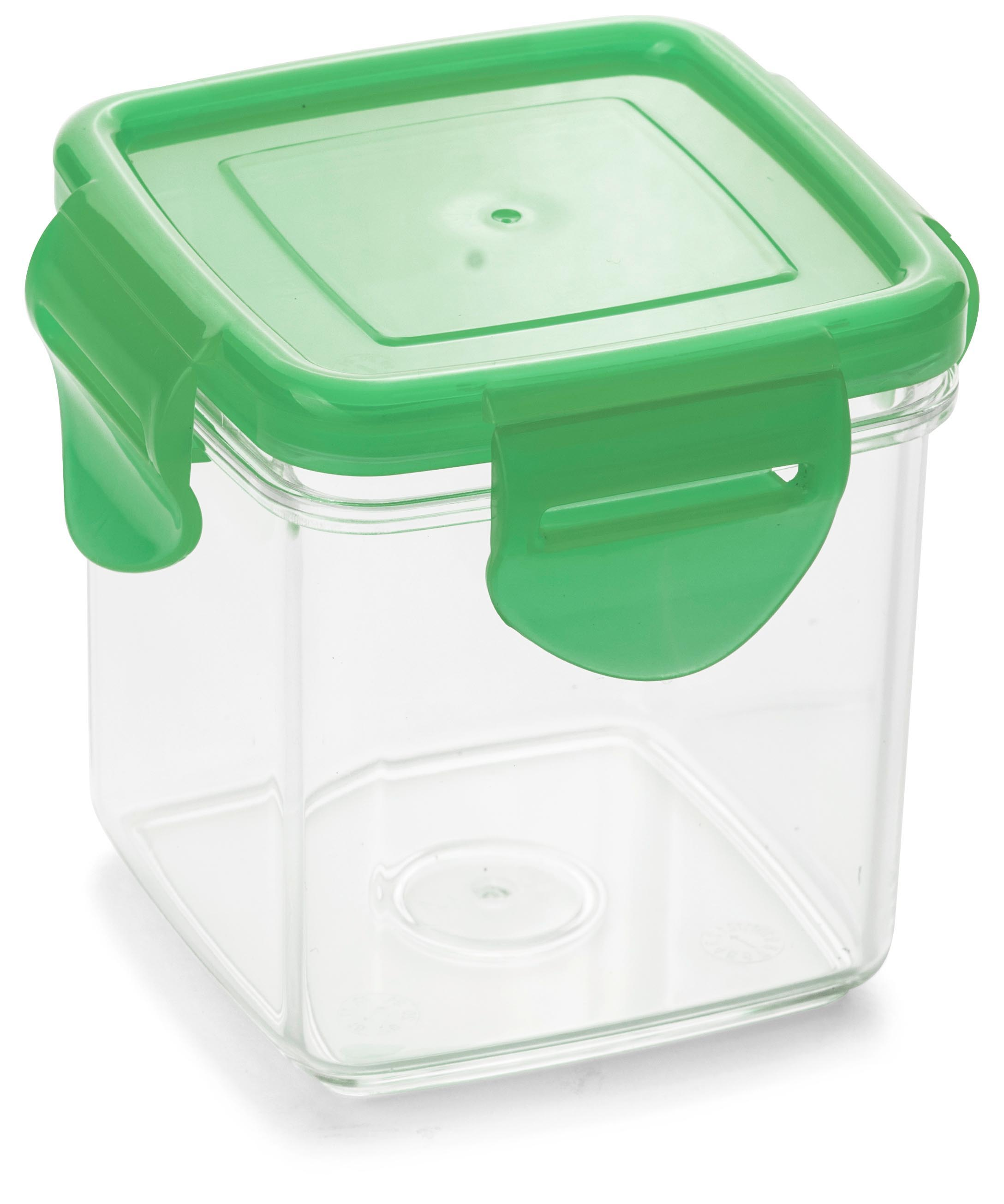 Ein klarer, quadratischer Lebensmittelbehälter mit grünem Deckel und grünem Verschluss.