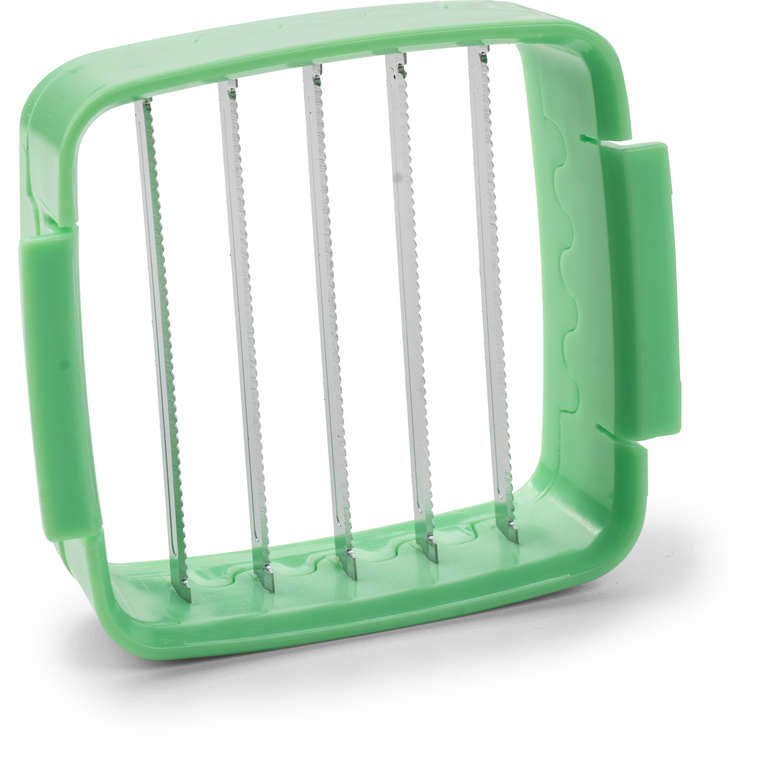 Grüner Schneider mit parallelen Klingen. Weißer Hintergrund.