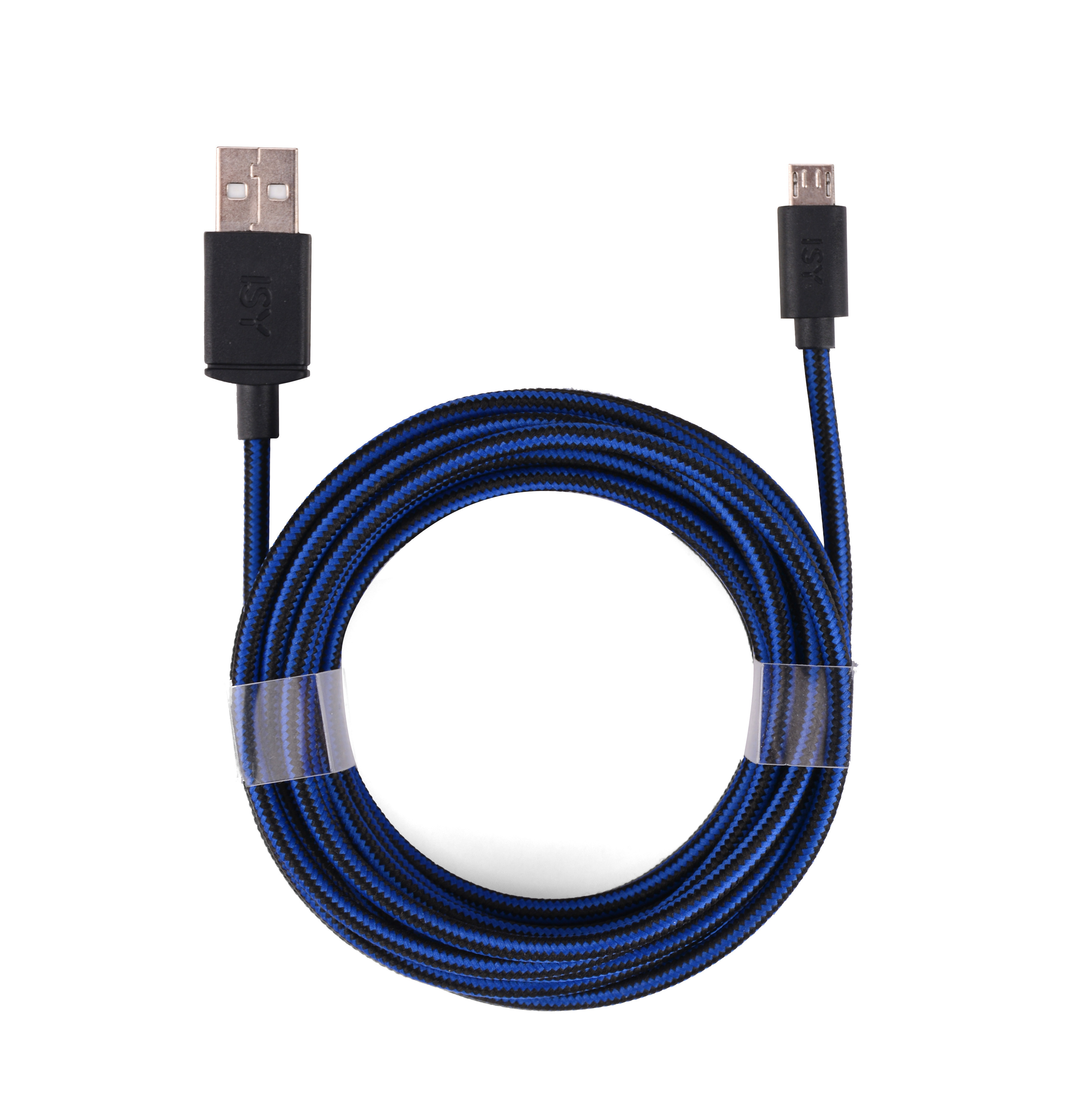 Ein blau-schwarzes USB-zu-Micro-USB-Kabel, aufgerollt, vor weißem Hintergrund. Die Stecker sind schwarz.