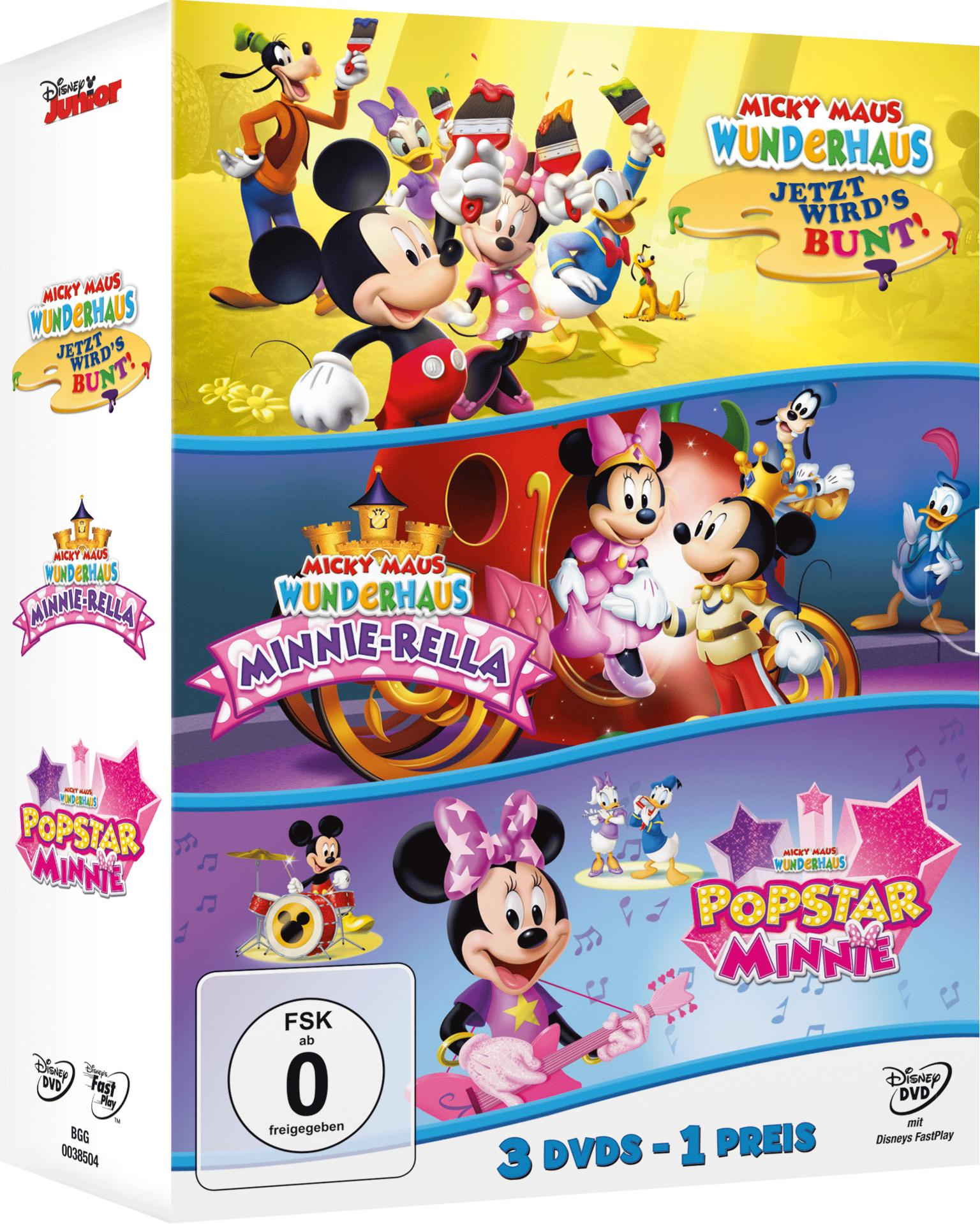 DVD-Box-Set mit drei Disney Junior Mickey Mouse Clubhouse DVDs. Es ist eine bunte Box.