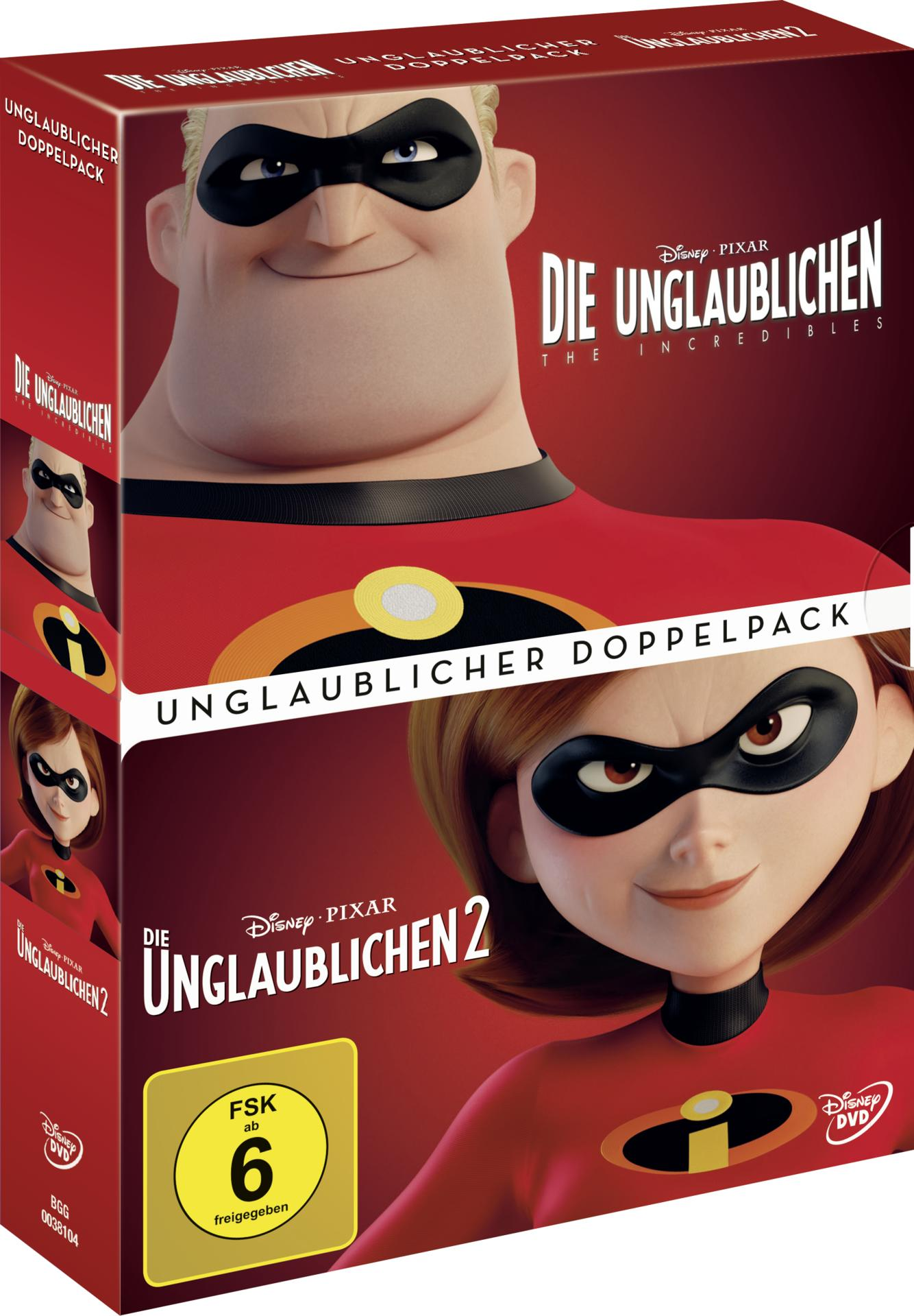 DVD-Box von Die Unglaublichen 1 & 2. Charaktere auf dem Cover, roter Hintergrund.