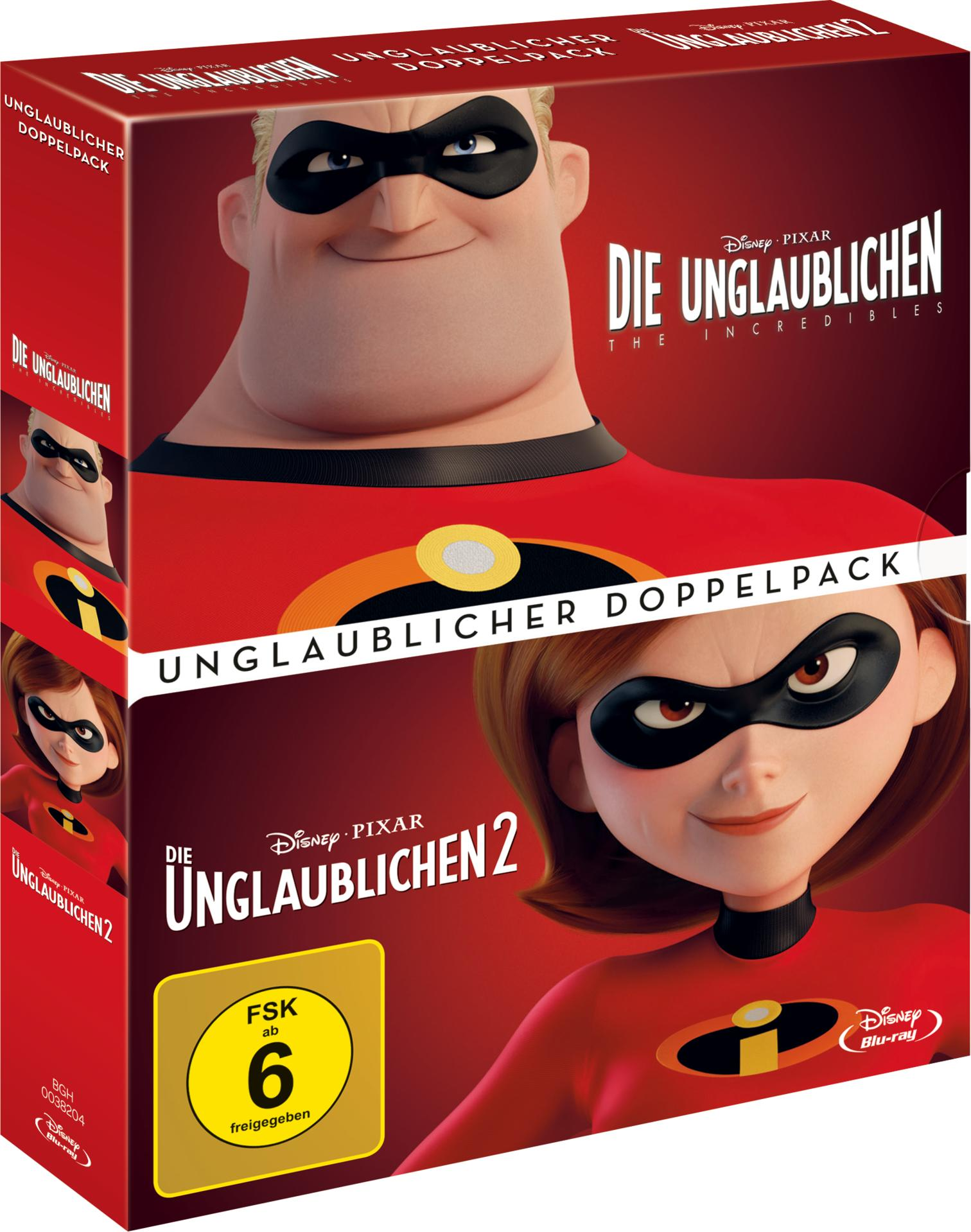 DVD-Boxset: Die Unglaublichen und Die Unglaublichen 2. Charaktere auf dem Cover. Rote und schwarze Farben.