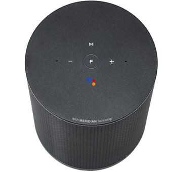 Un altavoz cilíndrico negro con botones en la parte superior y el texto 'MERIDIAN Technology'.