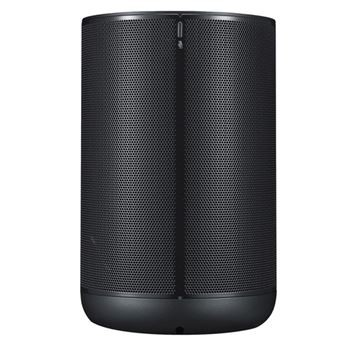 Un altavoz negro con un patrón de rejilla. La base es ligeramente curvada y la parte superior tiene una línea vertical.